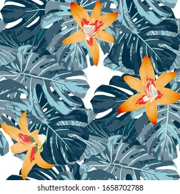 Philippine Flowers. Seamless Pattern with Tropic Leaves and Flowers.
