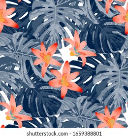 Philippine Flowers. Seamless Pattern with Tropic Leaves and Flowers.