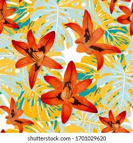 Philippine Flowers. Seamless Pattern with Tropic Leaves and Flowers.