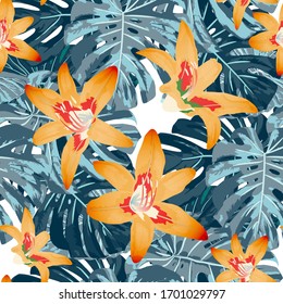 Philippine Flowers. Seamless Pattern with Tropic Leaves and Flowers.