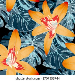 Philippine Flowers. Seamless Pattern with Tropic Leaves and Flowers.