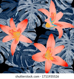 Philippine Flowers. Seamless Pattern with Tropic Leaves and Flowers.