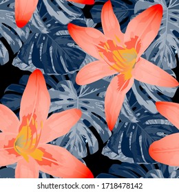Flores filipinas. Patrón sin problemas con hojas y flores tropicales.