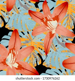 Philippine Flowers. Seamless Pattern with Tropic Leaves and Flowers.