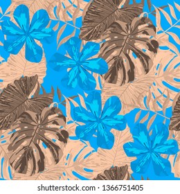 Philippine Flowers. Seamless Tropical with Brazilian Rainforest Pattern. Big Texture. Trendy Background for Paper, Dress, Curtain. Vector Seamless Pattern with Philippine Flowers