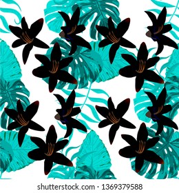 Philippine Flowers. Seamless Tropical Pattern with Hawaiian Rainforest. Big Texture. Retro Background for Swimwear, Fabric, Curtain. Vector Seamless Pattern with Philippine Flowers