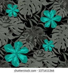 Philippine Flowers. Seamless Tropical Pattern with Australian Rainforest. Big Texture. Vintage Background for Cloth, Swimwear, Curtain. Vector Seamless Pattern with Philippine Flowers