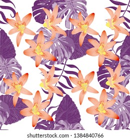 Philippine Flowers. Seamless Tropical Pattern with Indonesian Rainforest. Big Texture. Modern Background for Curtain, Underwear, Fabric. Vector Seamless Pattern with Philippine Flowers