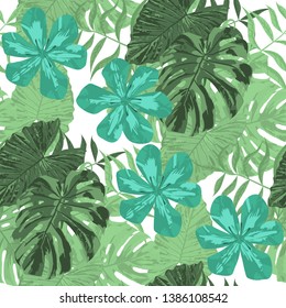 Philippine Flowers. Seamless Tropical Pattern with Indonesian Jungle. Vintage Background for Fabric, Shirt, Curtain. Big Texture. Vector Seamless Pattern with Philippine Flowers