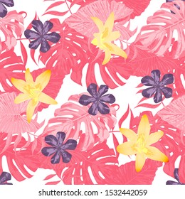 Philippine Flowers. Seamless Tropical Pattern with Indonesian Jungle. Big Texture. Retro Background for Wallpaper, Cloth, Tablecloth. Vector Seamless Pattern with Philippine Flowers