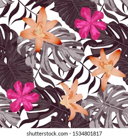 Philippine Flowers. Seamless Tropical Pattern with Indian Jungle. Trendy Background for Swimwear, Dress, Paper. Big Texture. Vector Seamless Pattern with Philippine Flowers