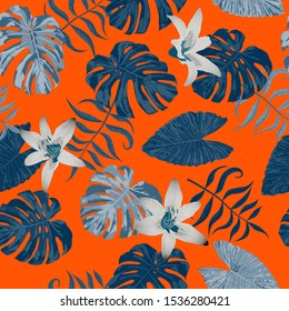 Philippine Flowers. Seamless Tropical Pattern with Hawaiian Jungle. Trendy Background for Fabric, Shirt, Underwear. Big Texture. Vector Seamless Pattern with Philippine Flowers