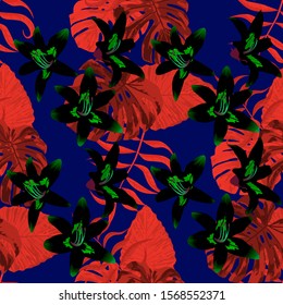 Philippine Flowers. Seamless Tropical Pattern with Indian Jungle. Big Texture. Modern Background for Dress, Wallpaper, Paper. Vector Seamless Pattern with Philippine Flowers