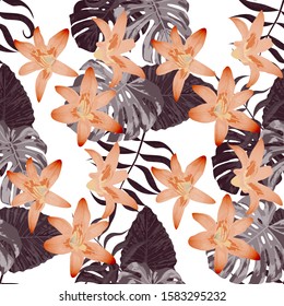 Philippine Flowers. Seamless Tropical Pattern with Australian Jungle. Retro Background for Paper, Fabric, Cloth. Big Texture. Vector Seamless Pattern with Philippine Flowers