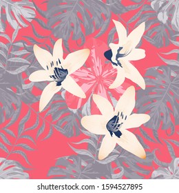 Philippine Flowers. Seamless Tropical Pattern with Brasilian Rainforest. Modern Background for Swimwear, Wallpaper, Paper. Big Texture. Vector Seamless Pattern with Philippine Flowers