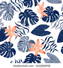 Philippine Flowers. Seamless Tropical Pattern with Brasilian Rainforest. Trendy Background for Wallpaper, Fabric, Dress. Big Texture. Vector Seamless Pattern with Philippine Flowers