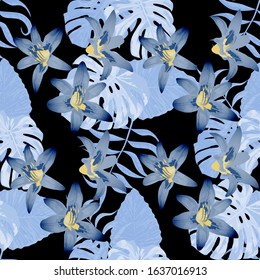Philippine Flowers. Seamless Tropical Pattern with Hawaiian Jungle. Big Texture. Vintage Background for Wallpaper, Swimwear, Dress. Vector Seamless Pattern with Philippine Flowers
