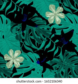 Philippine Flowers. Seamless Tropical Pattern with Hawaiian Rainforest. Retro Background for Shirt, Swimwear, Cloth. Big Texture. Vector Seamless Pattern with Philippine Flowers