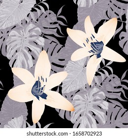 Philippine Flowers. Seamless Tropical Pattern with Indonesian Jungle. Big Texture. Vintage Background for Cloth, Curtain, Dress. Vector Seamless Pattern with Philippine Flowers