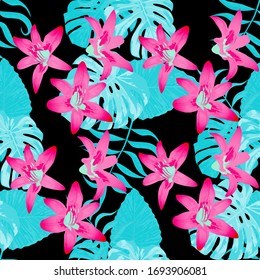 Philippine Flowers. Seamless Tropical Pattern with Hawaiian Jungle. Big Texture. Trendy Background for Curtain, Swimwear, Underwear. Vector Seamless Pattern with Philippine Flowers