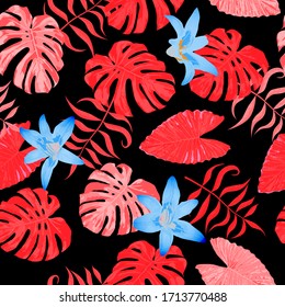 Philippine Flowers. Seamless Tropical Pattern with Indian Jungle. Retro Background for Shirt, Fabric, Tablecloth. Big Texture. Vector Seamless Pattern with Philippine Flowers