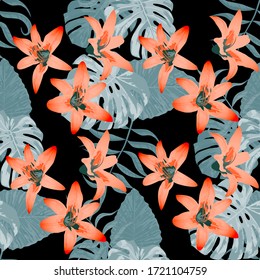 Philippine Flowers. Seamless Tropical Pattern with Indian Rainforest. Big Texture. Vintage Background for Paper, Swimwear, Dress. Vector Seamless Pattern with Philippine Flowers