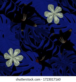 Philippine Flowers. Seamless Tropical Pattern with Hawaiian Rainforest. Big Texture. Modern Background for Fabric, Underwear, Cloth. Vector Seamless Pattern with Philippine Flowers