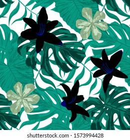 Philippine Flowers. Trendy Background for Fabric, Dress, Tablecloth. Seamless Tropical Pattern with Hawaiian Rainforest. Big Texture. Vector Seamless Pattern with Philippine Flowers