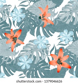 Philippine Flowers. Trendy Background for Tablecloth, Cloth, Wallpaper. Seamless Tropical Pattern with Brasilian Jungle. Big Texture. Vector Seamless Pattern with Philippine Flowers