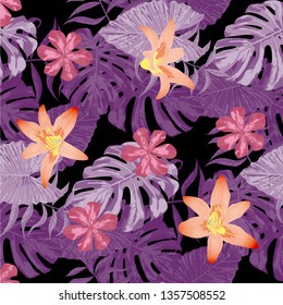 Philippine Flowers. Vintage Background for Dress, Shirt, Swimwear. Big Texture. Seamless Tropical Pattern with Australian Jungle. Vector Seamless Pattern with Philippine Flowers