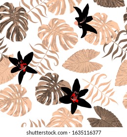 Philippine Flowers. Vintage Background for Swimwear, Curtain, Dress. Seamless Tropical Pattern with Australian Rainforest. Big Texture. Vector Seamless Pattern with Philippine Flowers