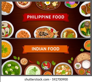 Philippine and Indian cuisine. Asian food. National dishes on a wooden background. Horizontal web banners. Vector flat illustration.