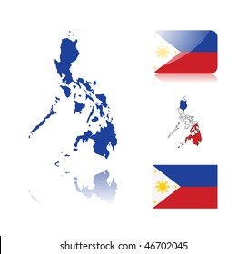 Philippine map including: map with reflection, map in flag colors, glossy and normal flag of the Philippines.