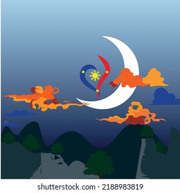 Philippine mountains graphic illustration. Night Scene with love Philippines. Wallpaper, advertisement, promotions.