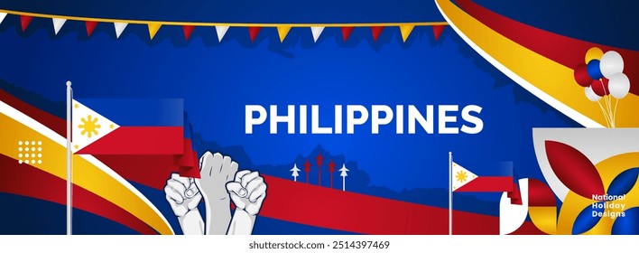Philippine national or independence day modern banner. Wide abstract banner with typography, raised hand, and country flags. Illustration background national holiday celebrate and sports events