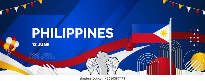 Philippine national or independence day modern banner. Wide abstract banner with typography, raised hand, and country flags. Illustration background national holiday celebrate and sports events