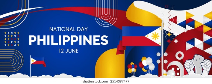 Philippine national or independence day modern banner. Wide abstract banner with typography, raised hand, and country flags. Illustration background national holiday celebrate and sports events