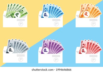 Philippine Peso  All Banknotes  Money in different envelope vector. Philippine Business, payment and finance element.Can be used for Web, Mobile, Infographic and Print. EPS 10 Vector.