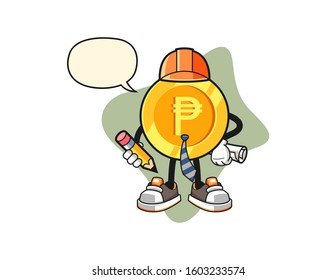 Philippine peso architect with speech bubble cartoon. Mascot Character vector.