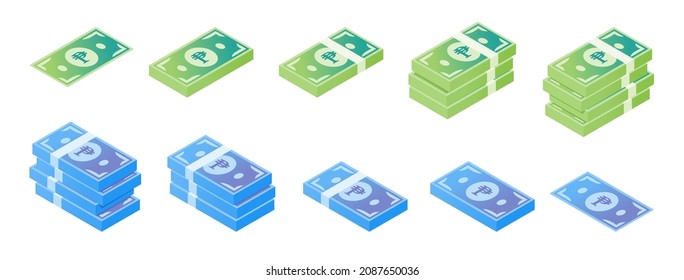 Philippine Peso Banknote Isometric Icon Set