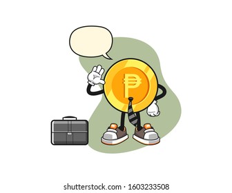 Philippine peso businessman with speech bubble cartoon. Mascot Character vector.