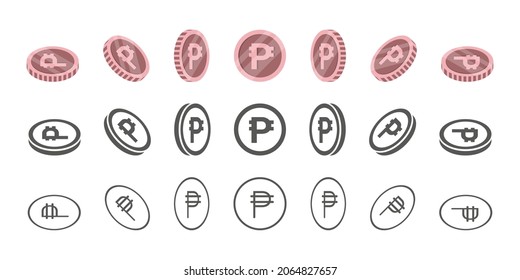 Philippine peso coins. Rotation of icons at different angles for animation. Coins in isometric. Vector illustration