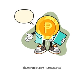Philippine peso doctor with speech bubble cartoon. Mascot Character vector.