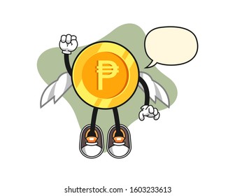 Philippine peso fly with speech bubble cartoon. Mascot Character vector.