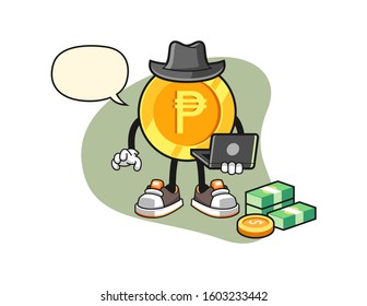 Philippine peso hacker with speech bubble cartoon. Mascot Character vector.