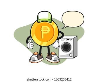 Philippine peso laundry man with speech bubble cartoon. Mascot Character vector.