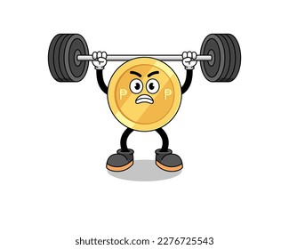 philippine peso mascot cartoon lifting a barbell , character design
