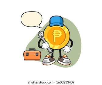 Philippine peso mechanic with speech bubble cartoon. Mascot Character vector.