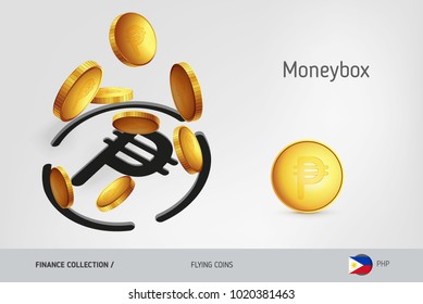 Philippine Peso money box with flying Philippine Peso coins, finance concept. Vector illustration for print, websites, web design, mobile app, infographics.