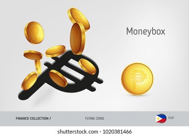 Philippine Peso money box with flying Philippine Peso coins, finance concept. Vector illustration for print, websites, web design, mobile app, infographics.